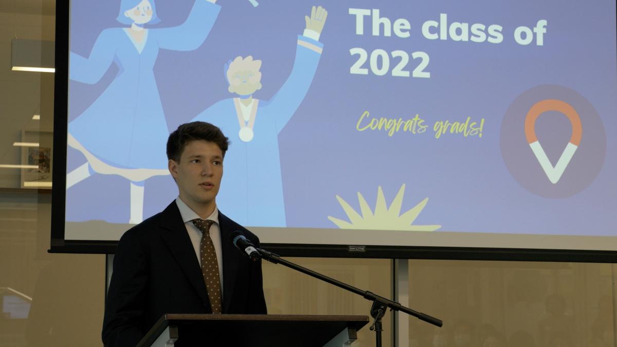 Graduate student representative, Damir Korniiashik, gives a speech at the ceremony (photo: Kirc Cohen)