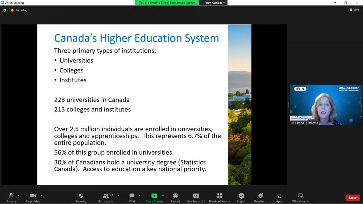 OVPI Managing Director Cheryl Dumaresq opened the workshop with an overview of Canada’s higher education sector and governance at UBC&nbsp;(photo: Haochen Li)