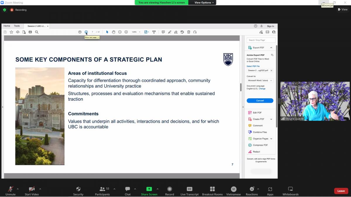 Professor Moura Quayle, UBC’s Vice-Provost and Associate Vice-President, Academic Affairs, spoke on the university’s strategic planning process&nbsp;(photo: Haochen Li)