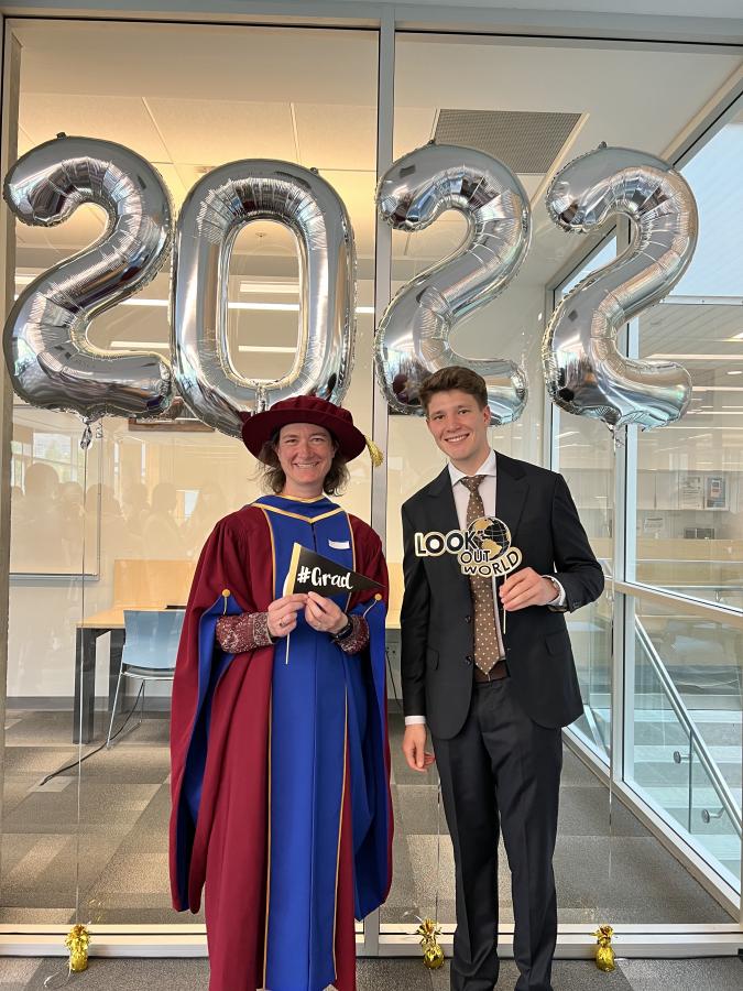 Principal Joanne Fox poses with Vantage College graduate Damir Korniiashik (photo: Damir Korniiashik)